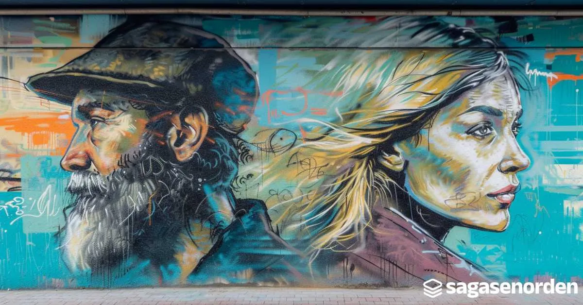 Mural de un hombre mayor con barba y gorra a la izquierda y una mujer rubia de perfil a la derecha, sobre un fondo colorido.