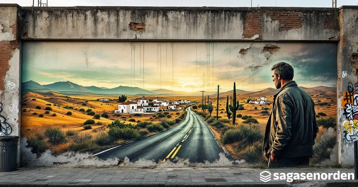 Mural callejero de un hombre de espaldas mirando hacia un paisaje seco español con un pueblo blanco al fondo.