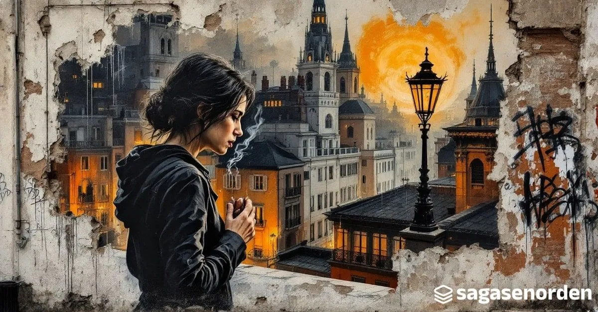 Una mujer de pelo oscuro recogido, de perfil y con gesto cansado, en una azotea de noche sobre los soportales y las fachadas ocres de la Plaza Mayor de Madrid.