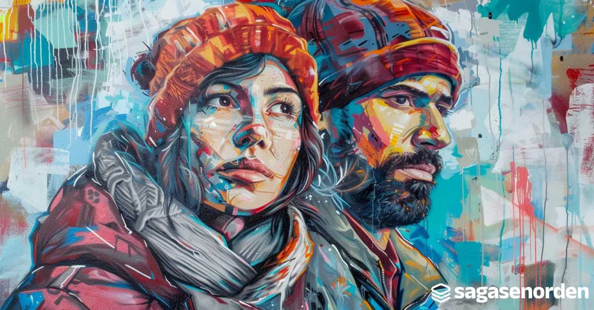 Grafiti vibrante de una pareja con gorros de invierno, capturando expresiones de reflexión y fortaleza en una pared multicolor.
