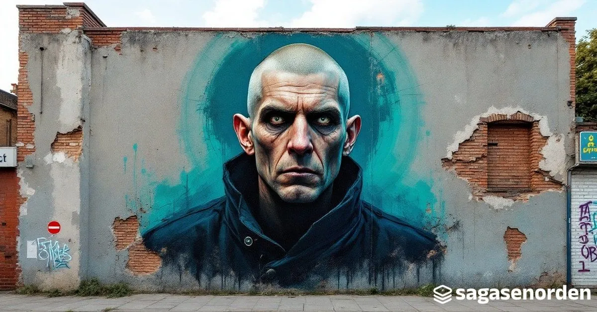 Mural callejero de un hombre demacrado de perfil sobre un Oslo nevado y nocturno.