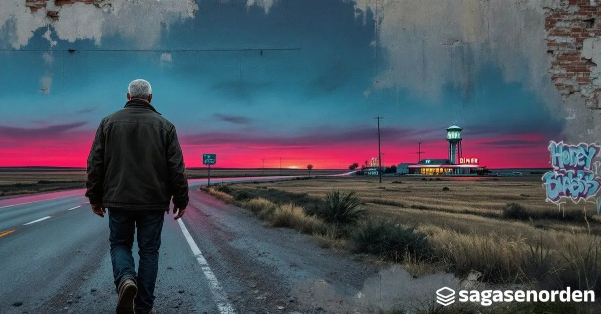 Un hombre corpulento de espaldas, con el pelo muy corto y sin equipaje, caminando solo por el arcén de una carretera recta al atardecer, con un pueblo pequeño y un cartel de neón de un bar a lo lejos.