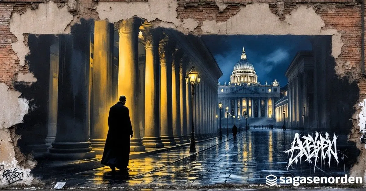 Un sacerdote con sotana negra, de espaldas y en tres cuartos, camina solo de noche bajo la columnata de la plaza de San Pedro, con la cúpula iluminada al fondo y los adoquines mojados por la lluvia.