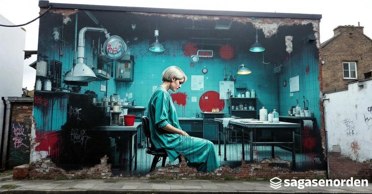 Mural callejero de una mujer de perfil con ropa quirúrgica en un laboratorio forense de azulejos fríos.