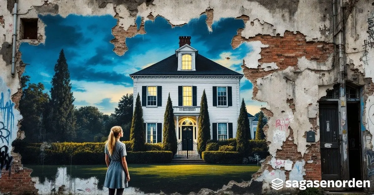 Una mujer joven y rubia, de perfil, mira con recelo una gran casa blanca de estilo colonial con contraventanas negras y una pequeña ventana iluminada en el ático.