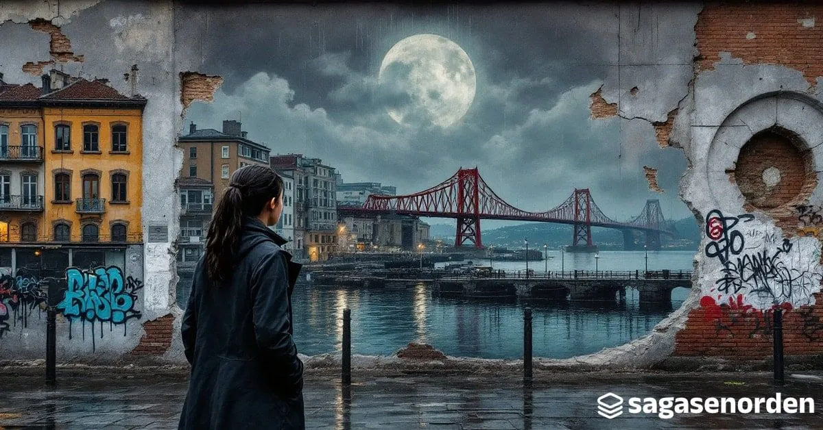 Una mujer joven de pelo oscuro recogido, de espaldas y con gabardina, mira la ría de Bilbao al anochecer, con el arco rojo del puente de La Salve al fondo y los balcones acristalados de la orilla.