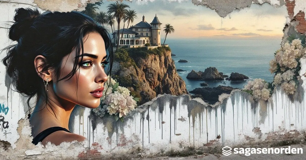 Una mujer morena, de tres cuartos, mira hacia el mar desde un acantilado de la costa cántabra, con un pequeño faro de piedra y una vieja casona de indianos con galerías blancas a su espalda.