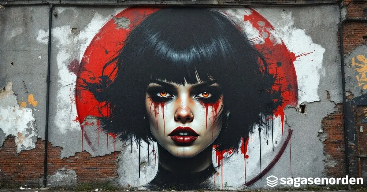 Mural callejero de una joven de pelo negro y mirada desafiante sobre un Estocolmo nocturno y nevado.