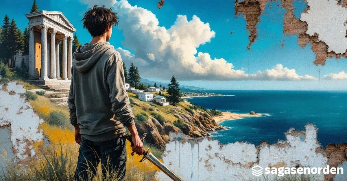 Un chico de unos quince años de espaldas, con el pelo oscuro revuelto y una espada de bronce en la mano, mirando hacia el mar desde un campamento de columnas blancas y cabañas entre pinos, con nubes de tormenta al fondo.