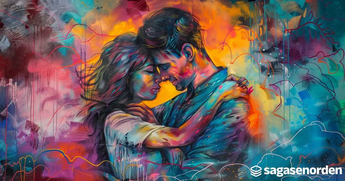 Pintura de una pareja abrazándose, con tonalidades vibrantes y abstractas de naranja, azul y rosa. Logotipo "sagasenorden".
