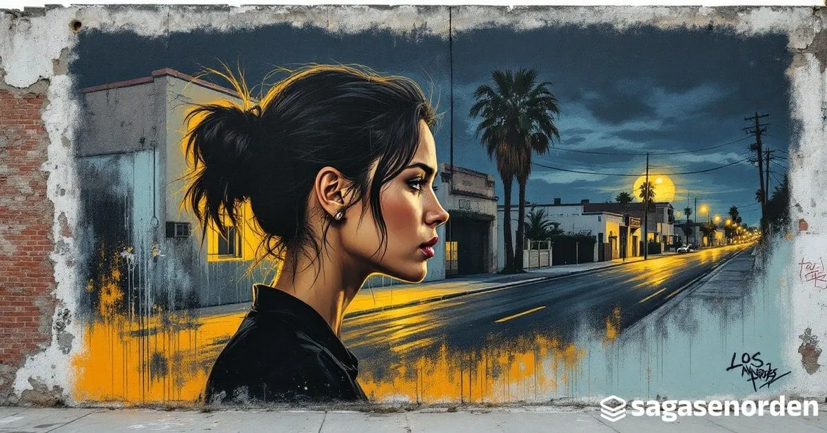 Una mujer de perfil con el pelo recogido y la piel curtida, con gesto de cansancio contenido, ante una calle de Los Ángeles de madrugada con palmeras recortadas, asfalto mojado y farolas ámbar.
