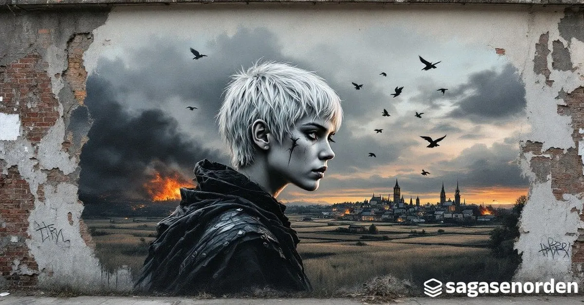 Una joven de pelo blanco corto y una cicatriz en la mejilla, de perfil ante un pueblo en llamas al atardecer, con cuervos cruzando el cielo.