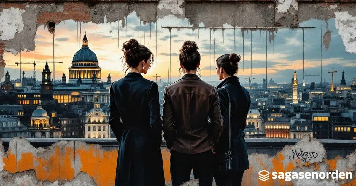 Tres mujeres de espaldas en una azotea de Madrid al atardecer, mirando las cúpulas y las avenidas iluminadas del centro.