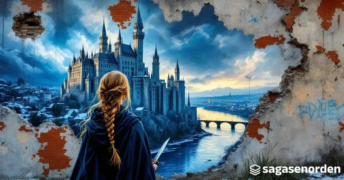 Una joven rubia con capa oscura, de perfil y con una daga en la mano, mira un castillo de torres de cristal levantado sobre una fortaleza de piedra, encima de una ciudad junto a un río al anochecer.