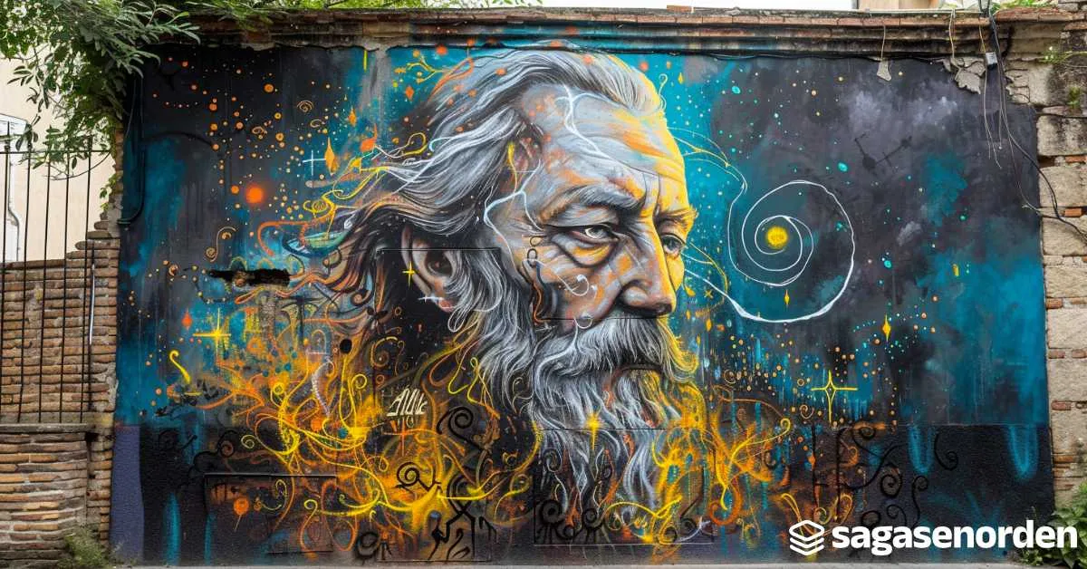 Mural colorido de un hombre mayor con barba y cabello largo, con detalles espaciales y abstractos en un muro exterior.