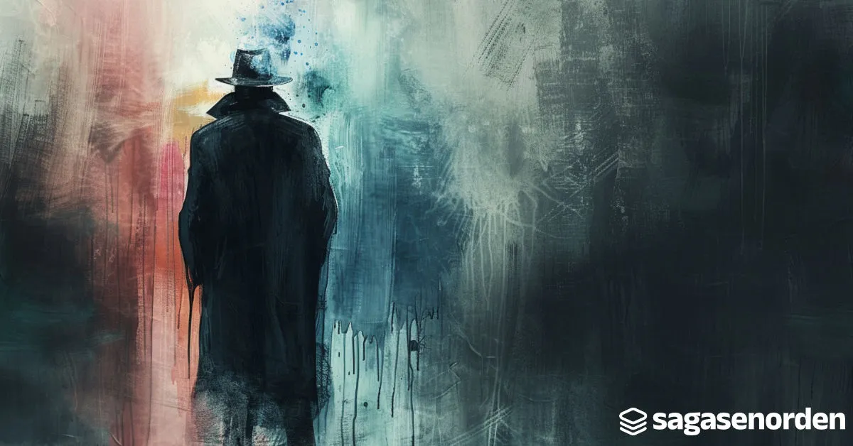 Ilustración de una persona con abrigo y sombrero de espaldas, con fondo abstracto en tonos oscuros y logo de "sagasenorden".