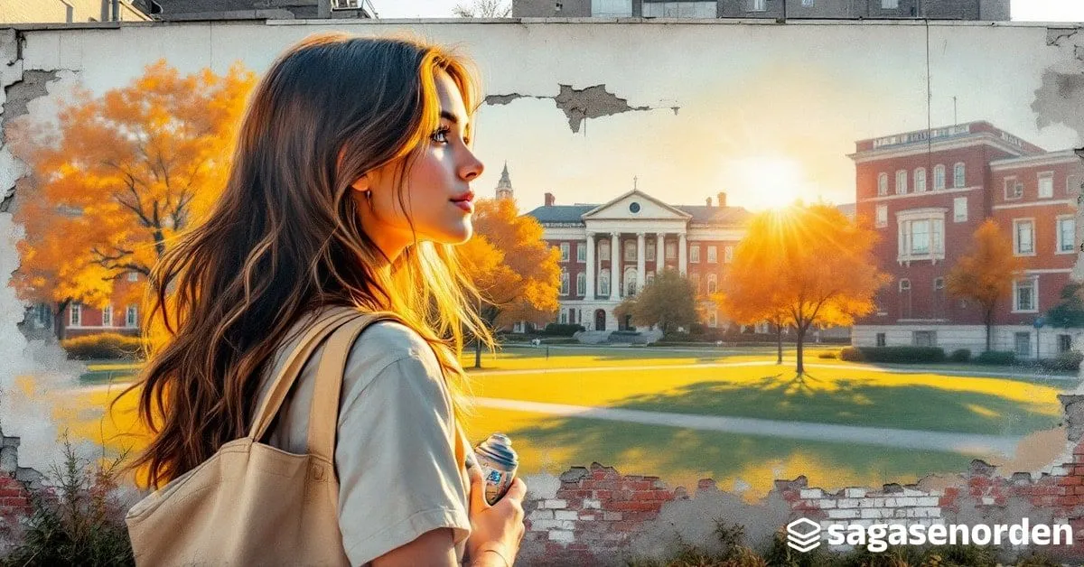 Una chica de espaldas con el pelo largo castaño claro y una bolsa de tela, en un campus universitario de edificios de ladrillo rojo con arces anaranjados y luz cálida de tarde.