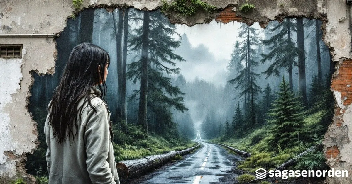 Una chica de espaldas con el pelo largo y mojado, mirando hacia un bosque de coníferas cubiertas de musgo, con helechos, una carretera húmeda y nubes bajas enredadas entre las copas.