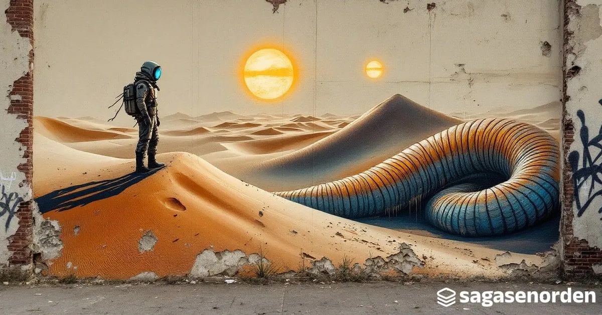 Una figura solitaria con traje y casco de desierto en lo alto de una duna, con dos soles bajos en el cielo y el lomo curvado de un gusano gigante recorriendo la arena.