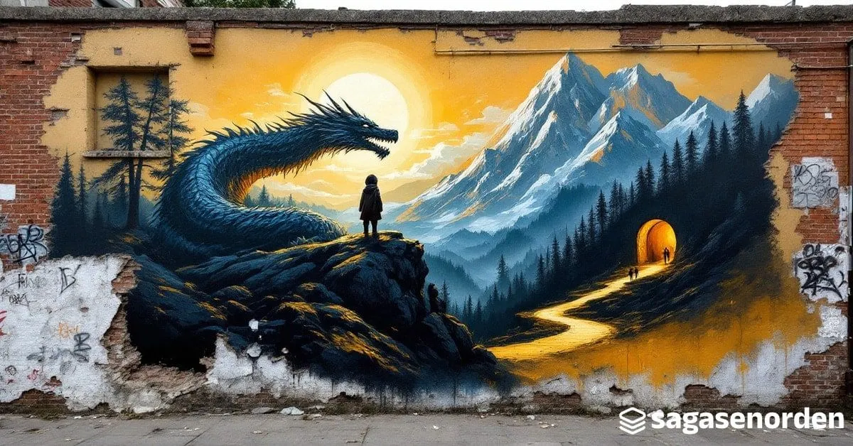 Mural callejero de un hobbit encapuchado de espaldas contemplando un dragón dormido sobre un tesoro de oro.