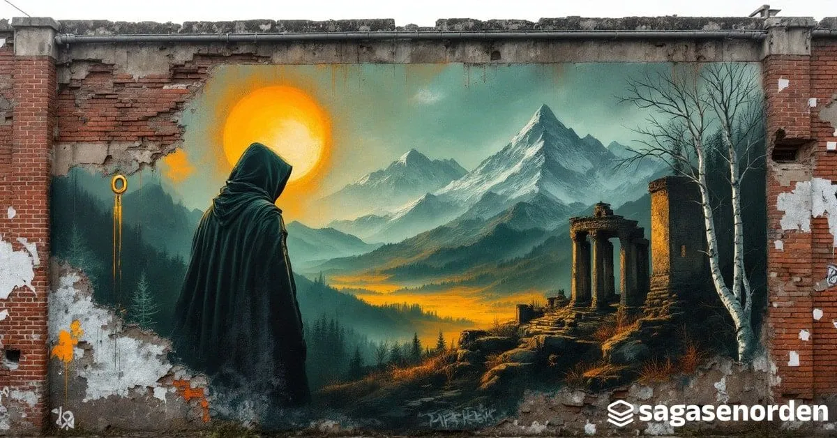 Mural callejero de una figura encapuchada de espaldas mirando hacia unas montañas, con un anillo de oro colgando de una cadena.