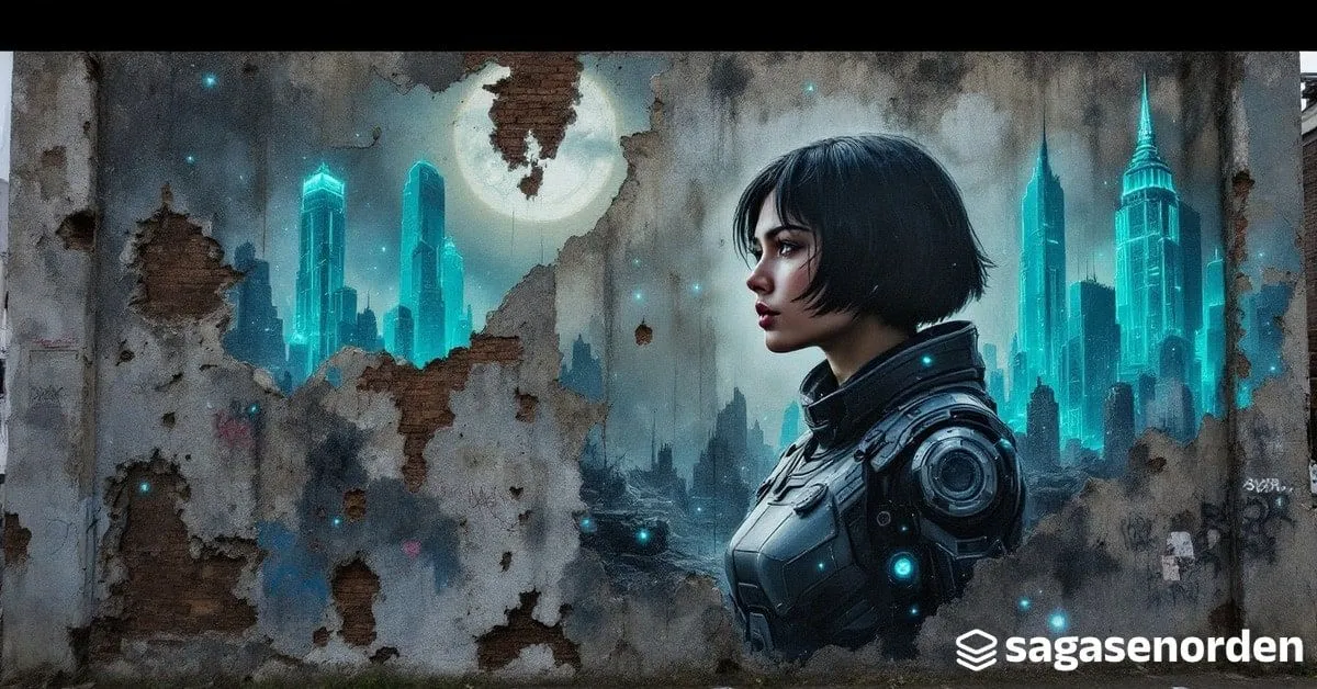 Una mujer de perfil con traje de combate futurista, de pie entre esporas luminiscentes, ante una ciudad en ruinas cubierta de una vegetación alienígena que brilla en tonos verdiazules bajo un cielo nocturno.