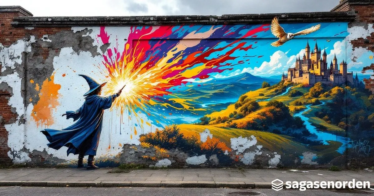 Mural callejero de un joven mago de espaldas con una varita encendida, mirando hacia un castillo lejano.