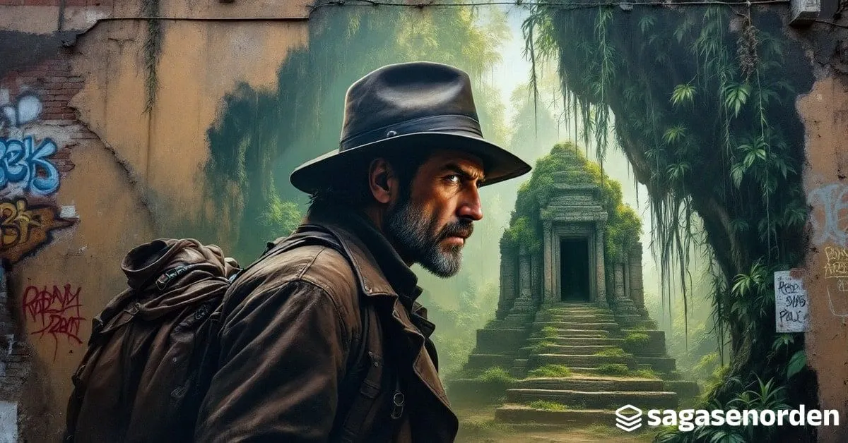 Un hombre de perfil con sombrero de ala ancha, chaqueta de cuero gastada y un látigo enrollado al cinto, ante la entrada de un templo de piedra cubierto de musgo y lianas, con haces de luz atravesando la vegetación.