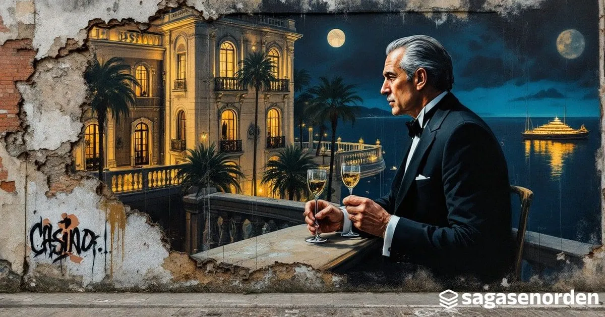 Un hombre de perfil con esmoquin y pajarita, sereno, en la terraza de un casino mediterráneo de noche, con fachadas iluminadas, palmeras, una balaustrada y el mar oscuro al fondo.