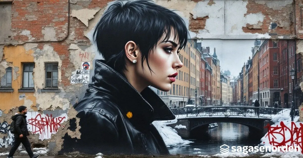 Una mujer de perfil con el pelo negro muy corto y chaqueta de cuero, ante una calle nevada de Estocolmo con fachadas ocres y rojizas, un canal oscuro y un puente de hierro bajo un cielo plomizo.