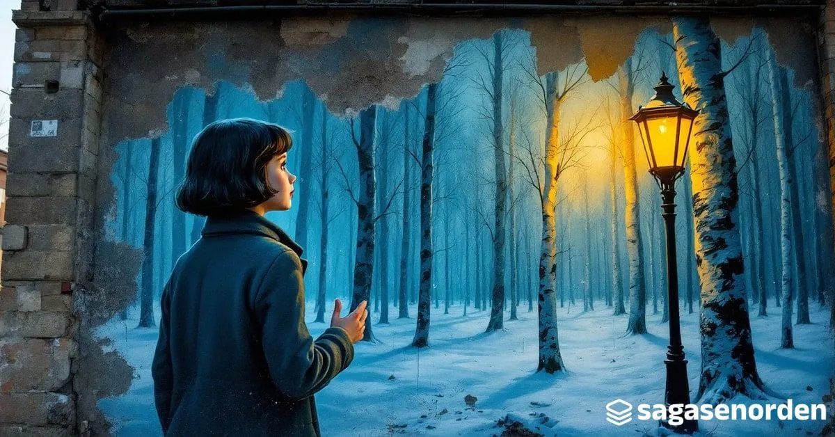 Una niña de espaldas con un abrigo de lana demasiado grande, alzando la mano hacia la luz de una farola de hierro encendida en mitad de un bosque nevado de abedules y abetos al anochecer.