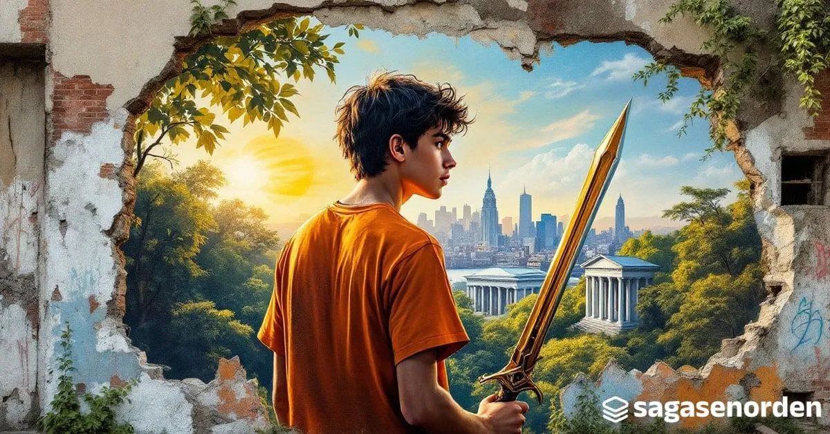 Un chico de espaldas con camiseta naranja de campamento y una espada de bronce en la mano, mirando hacia el horizonte de Nueva York entre árboles, con columnas blancas y cabañas en una colina verde al fondo.