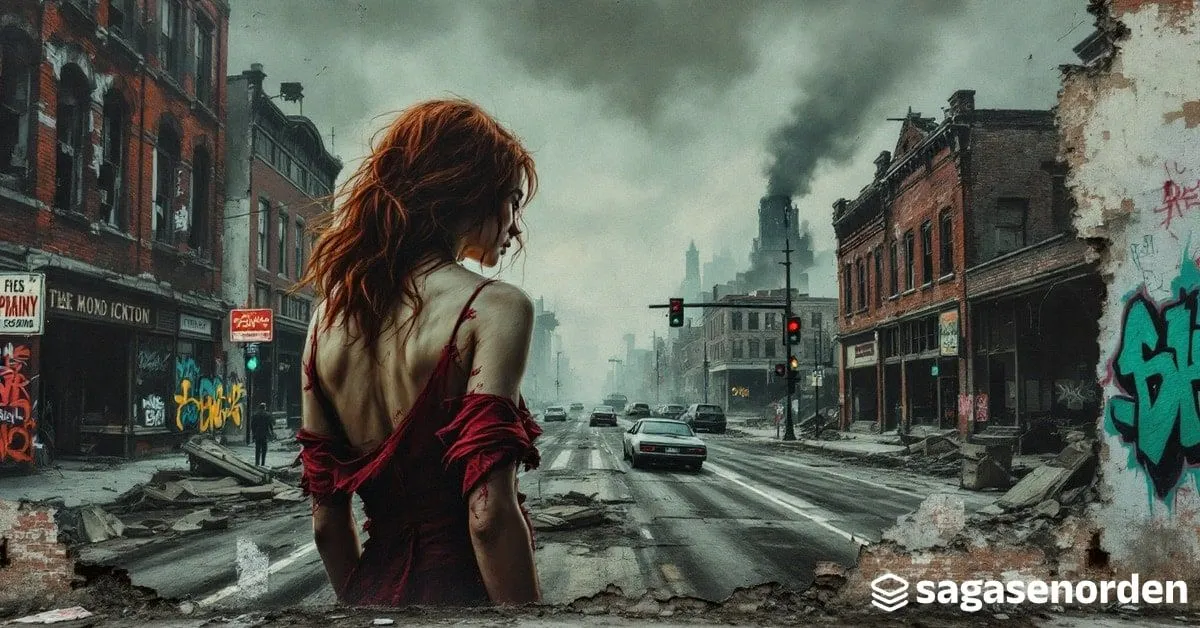 Una mujer de espaldas y vuelta de tres cuartos, con vestido rojo roto y el pelo suelto, mirando hacia el fondo de una calle desierta con escaparates reventados, coches volcados y ceniza en el aire.
