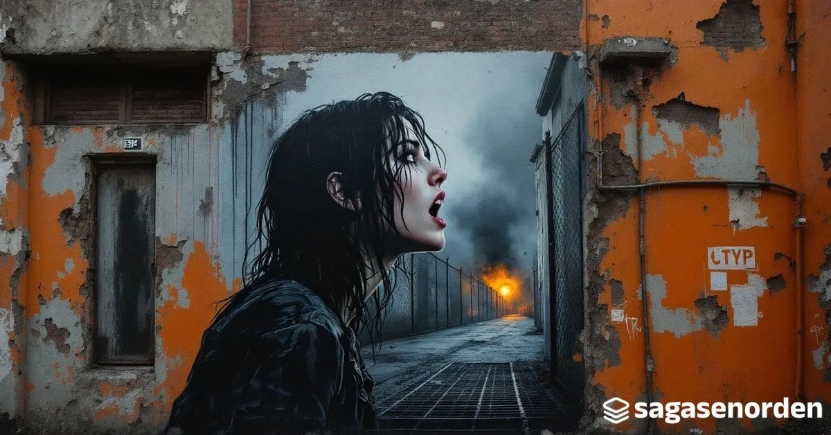 Una mujer de perfil con el pelo mojado, gritando el nombre de alguien, rodeada de paredes con la pintura levantada, rejillas oxidadas y ceniza cayendo bajo una luz ámbar.