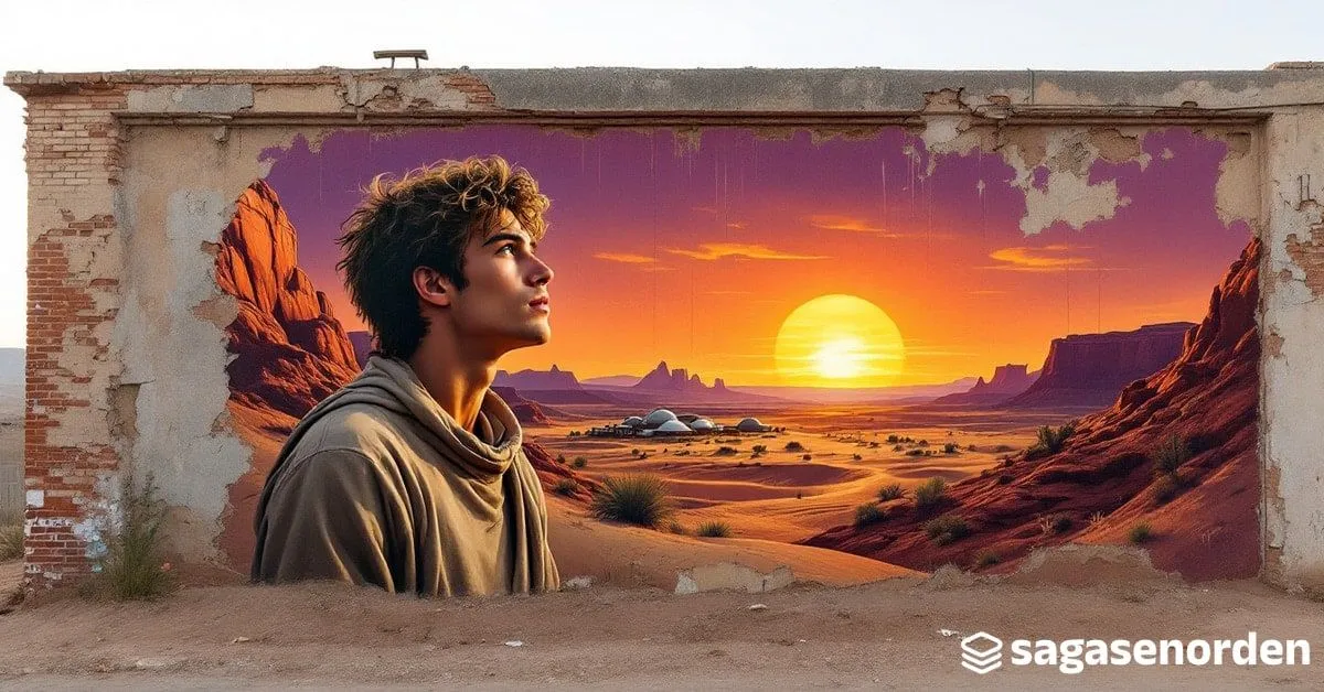 Un joven de perfil con la mirada alzada hacia el horizonte de un desierto de mesetas rojizas, con dos soles poniéndose y una granja de cúpulas semienterradas en la arena al fondo.