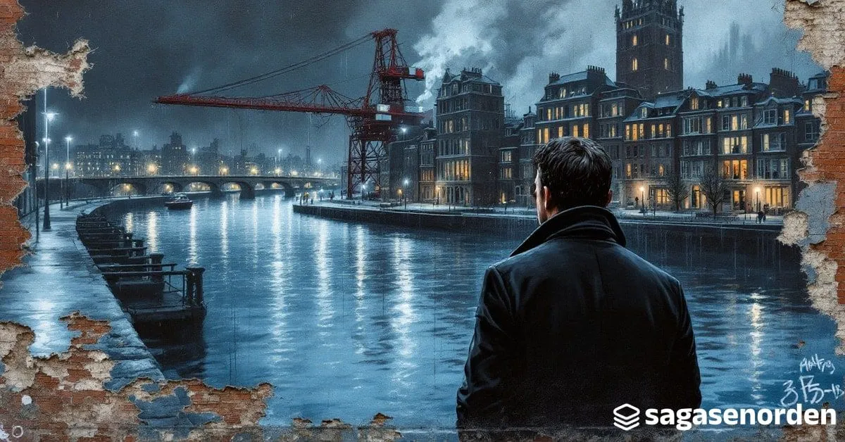 Un hombre con abrigo oscuro, de espaldas y de tres cuartos, mira la ría del Nervión en una noche de lluvia, con la vieja grúa roja Carola y las casas con miradores del Casco Viejo al fondo.