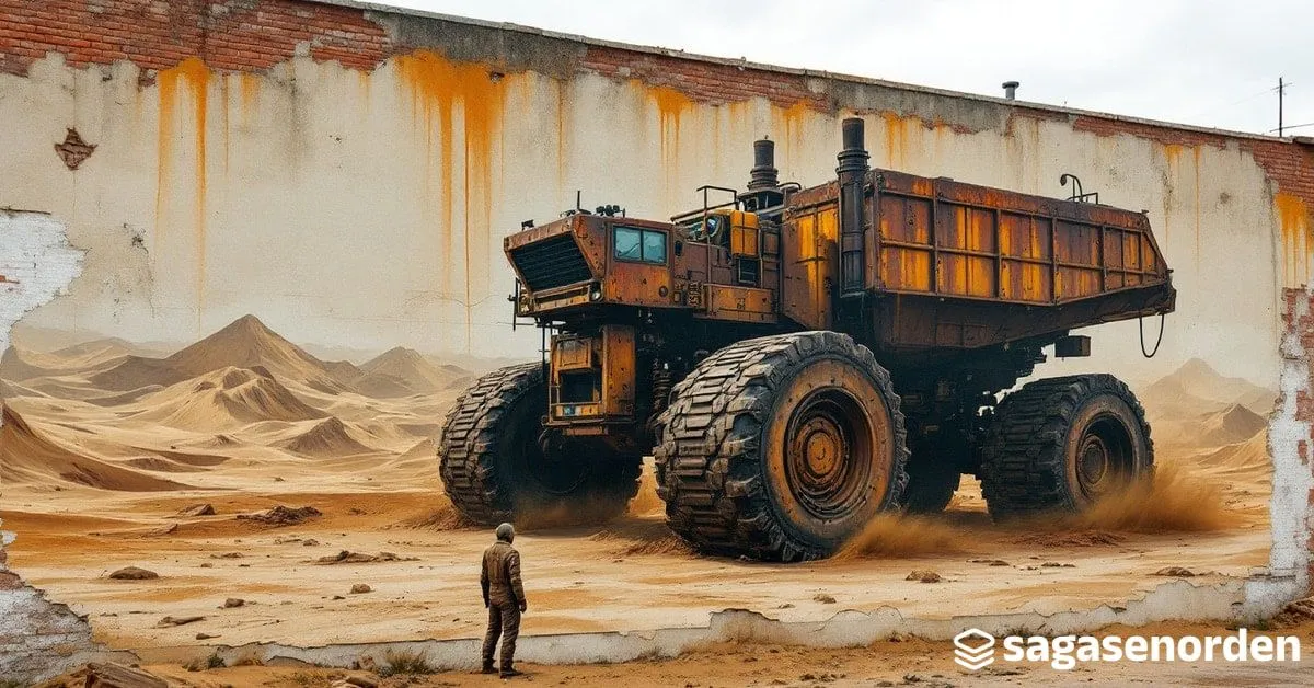 Una máquina cosechadora industrial oxidada del tamaño de un edificio parada sobre la arena, con una figura diminuta con traje de desierto mirándola desde abajo.
