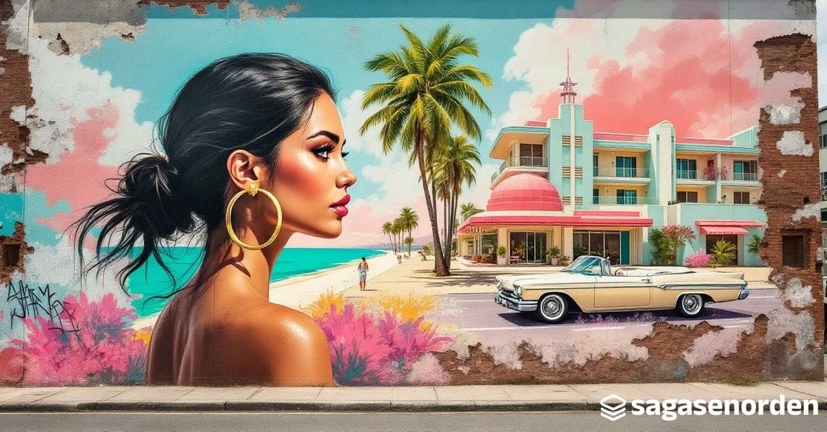 Una joven de perfil con grandes aros dorados ante un paseo marítimo de hoteles art déco en tonos pastel, palmeras altas y un cielo rosado sobre el agua turquesa.