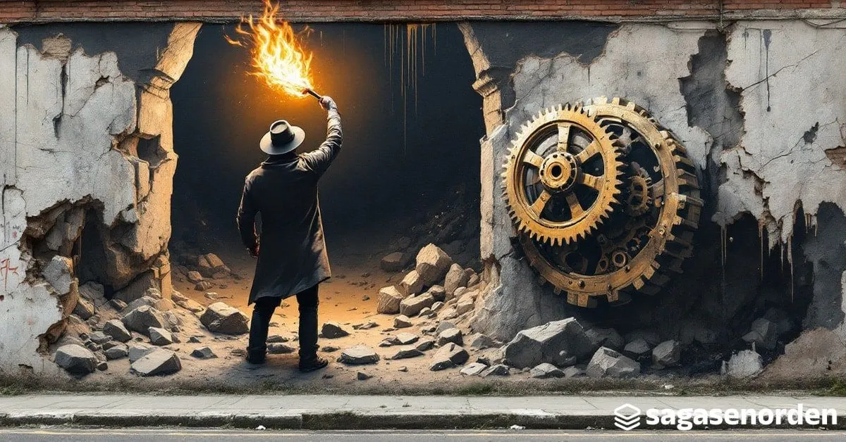 Un hombre de espaldas con sombrero y chaqueta de cuero, sosteniendo una antorcha encendida dentro de una cámara de piedra enterrada, con relieves tallados y un mecanismo dorado agrietado medio hundido en la arena.