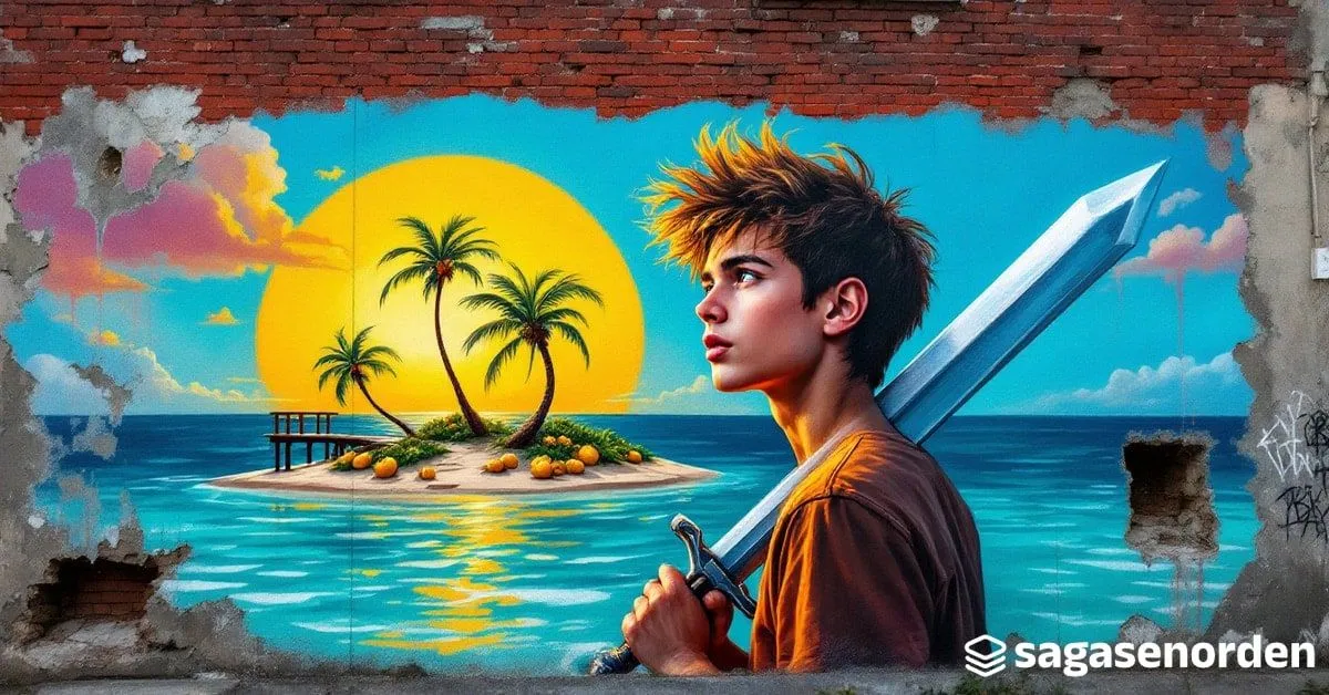 Un chico de perfil con el pelo castaño alborotado y una espada gigante en forma de llave al hombro, ante una isla tropical soleada con palmeras inclinadas y un embarcadero de madera.