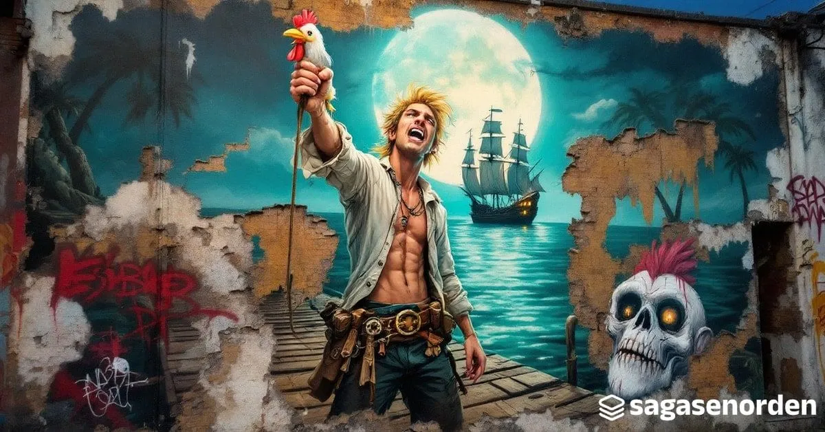Un pirata joven y desgarbado con coleta rubia y camisa blanca, de pie en un muelle de madera de noche, levantando una gallina de goma frente a una bahía tropical con un galeón y una isla con forma de calavera.