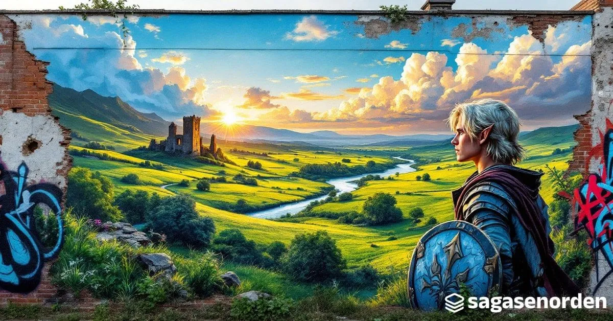 Un joven de perfil al borde de un acantilado, con una espada a la espalda y un escudo redondo, mirando una vasta llanura verde con bosques dispersos y una torre en ruinas al atardecer.