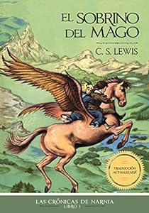 Narnia book cover with flying horse and children.