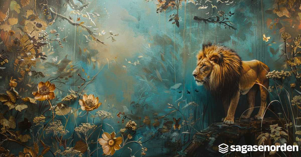 Lion in mystical floral forest artwork.