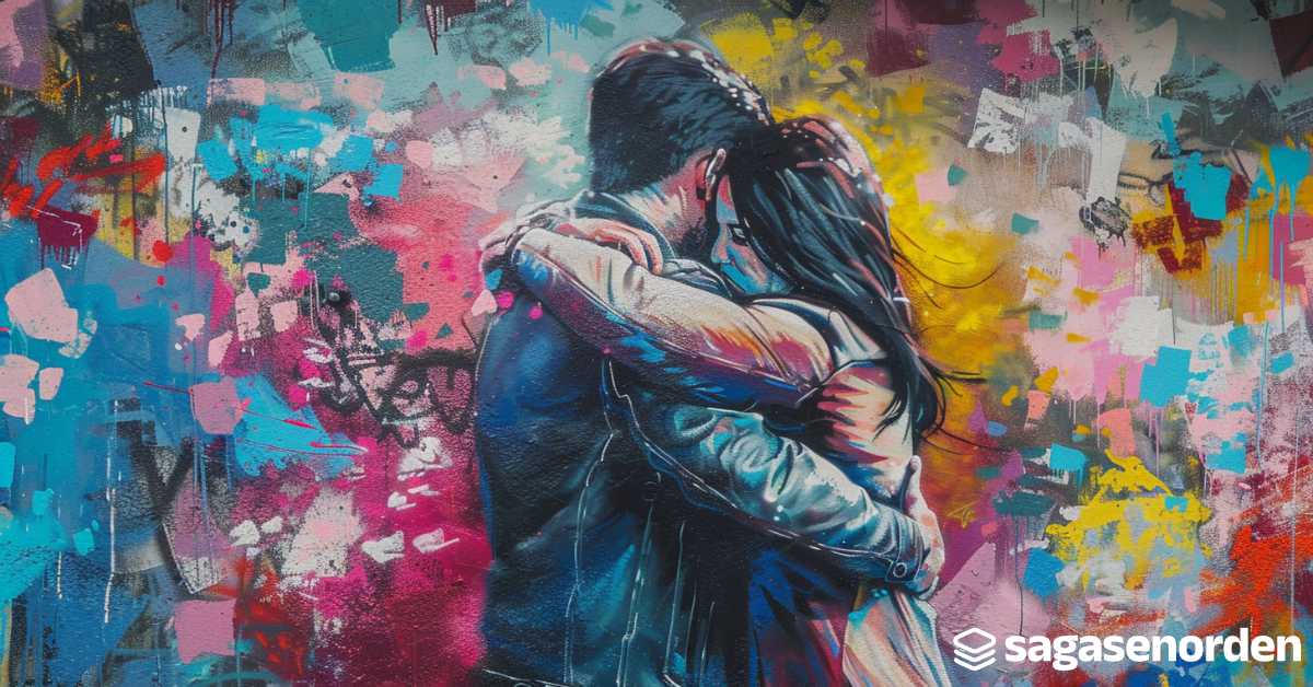 Couple embracing in vibrant street art mural.