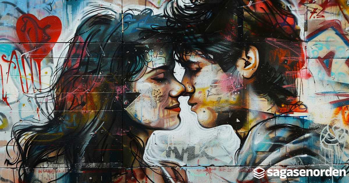 Street art of a couple about to kiss.