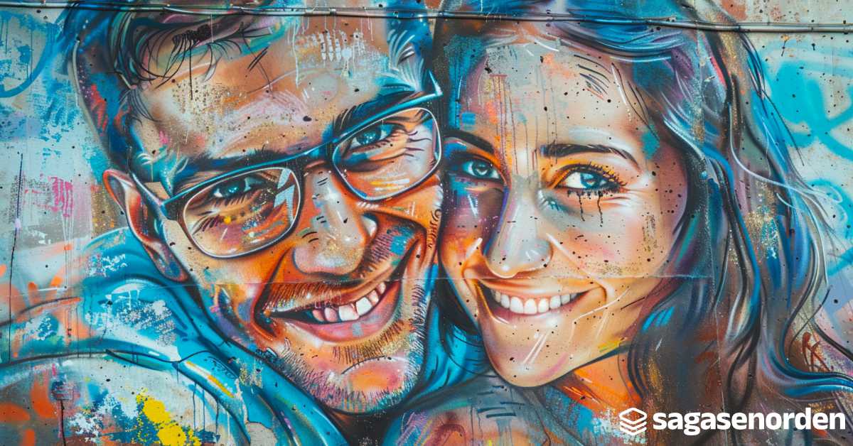 Colorful mural of smiling couple's faces.