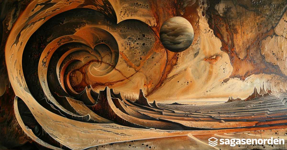 Surreal desert landscape painting with planets and waves.