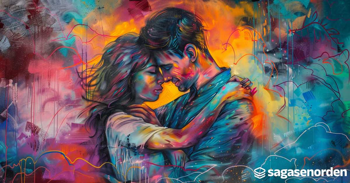 Colorful mural of embracing couple.
