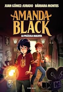 Amanda Black book cover with adventurous kids and eerie shadows.